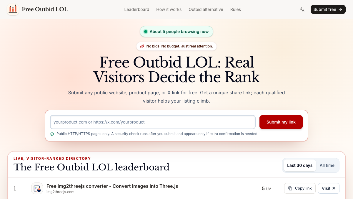 Free Outbid LOL homepage showing a visitor-ranked leaderboard and free submission form