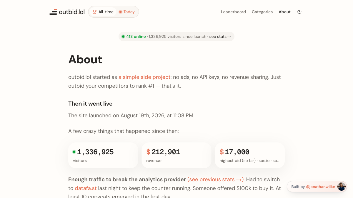 The original outbid.lol About page showing its launch story, public statistics, customer examples, and named founder