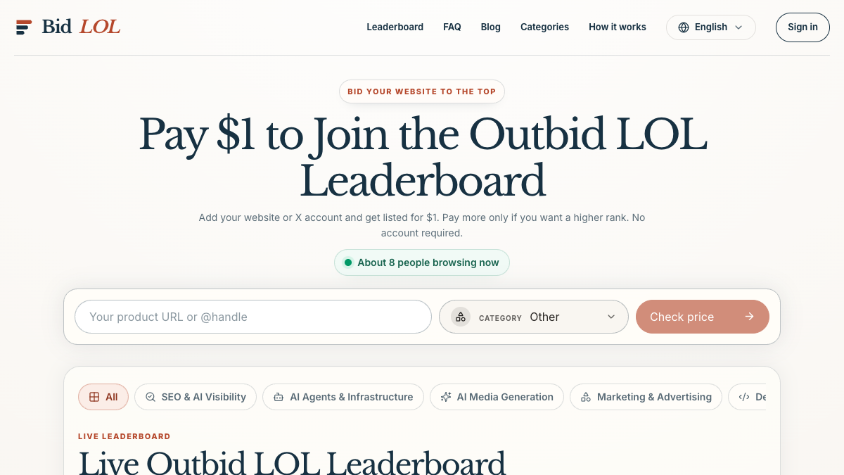 BidLOL homepage showing the one-dollar entry form, live paid totals, and click counts