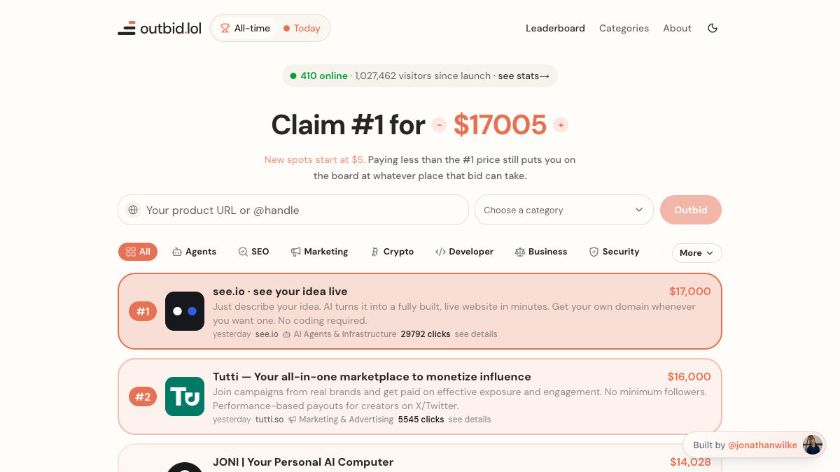 The original outbid.lol leaderboard as reviewed on August 25, 2026, showing its bid control, categories, paid totals, and click counters
